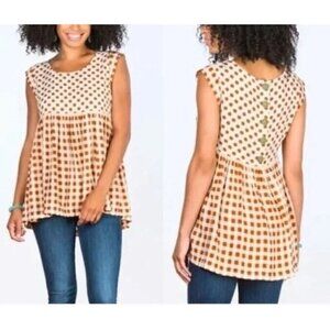 Matilda Jane Top Womens Medium Brown Polka Dot Gingham Babydoll Tunic Flowy Boho